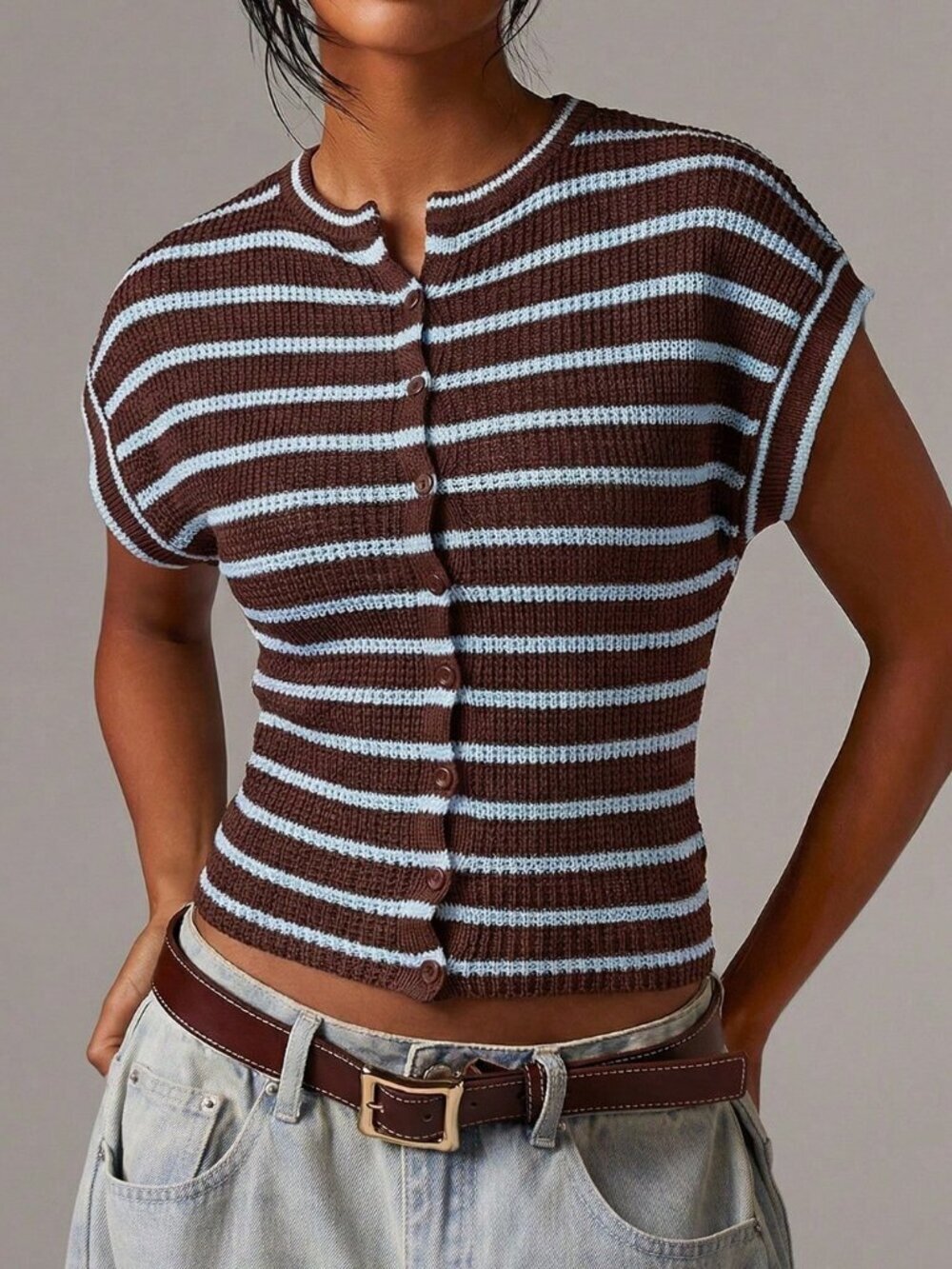 Multicolor Casual Women's Striped Knitted Vest with Batwing short Sleeves